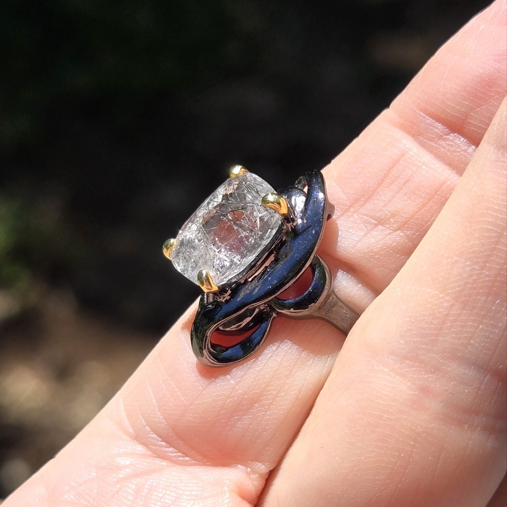 Rutilated Quartz 5k emerald cushion cut sterling rhodium & gold ring sz9 - Picture 7 of 9